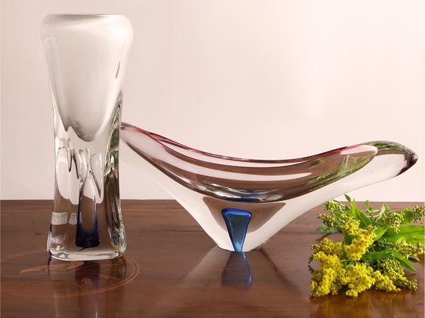 Two transparent and blue sommerso glass vases