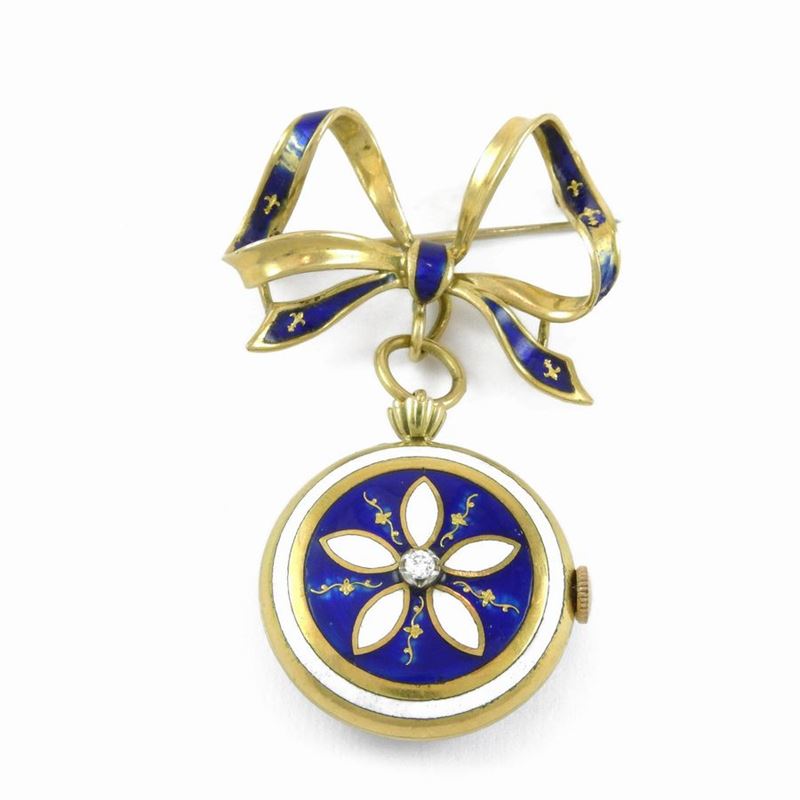 Spilla Orologio in Oro Giallo con Diamante e Smalti Blu-bianchi