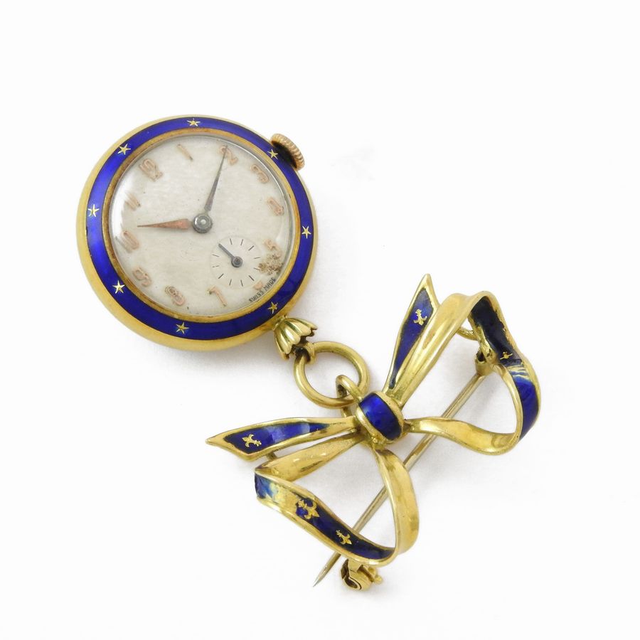 Spilla Orologio in Oro Giallo con Diamante e Smalti Blu-bianchi