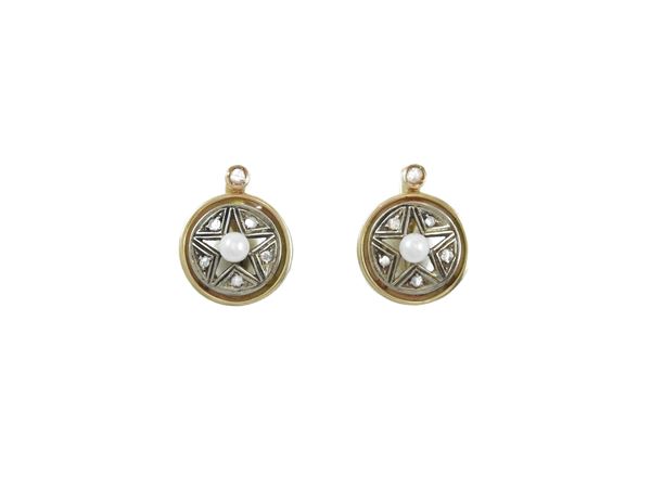 Yellow gold and silver pendant earrings with diamonds and pearls