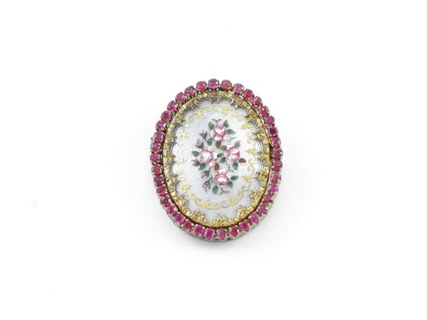 White and yellow gold brooch pendant with synthetic rubies and polychrome enamels