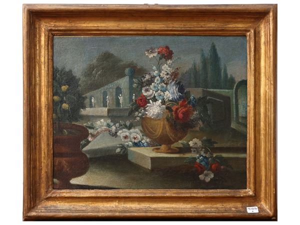 Maniera della pittura del XVIII secolo - Capriccio architettonico con fiori
