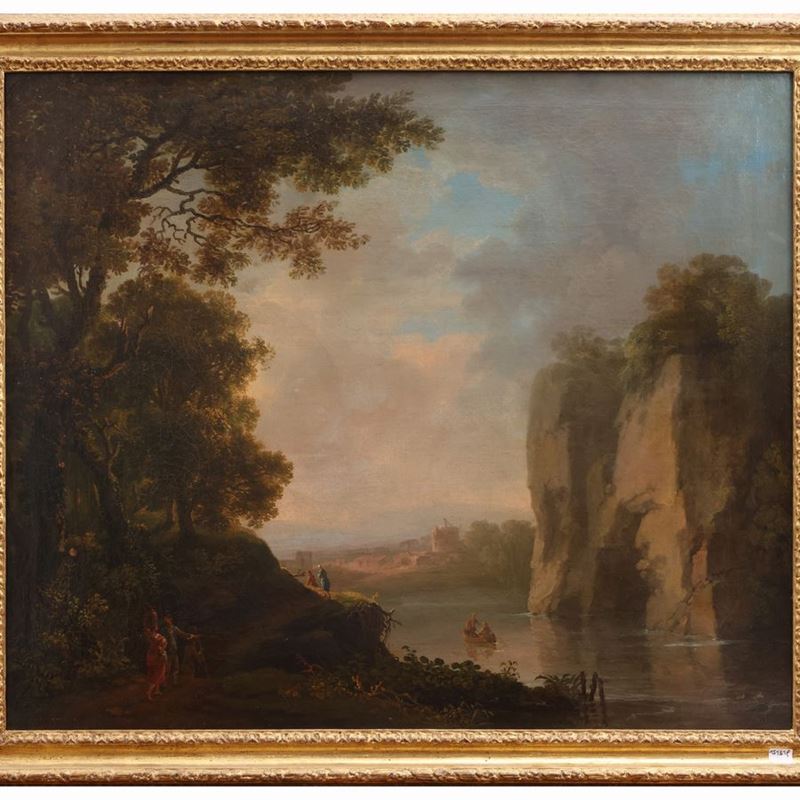 Scuola Tedesca del XVIII Secolo - Paesaggio Lacustre con Personaggi