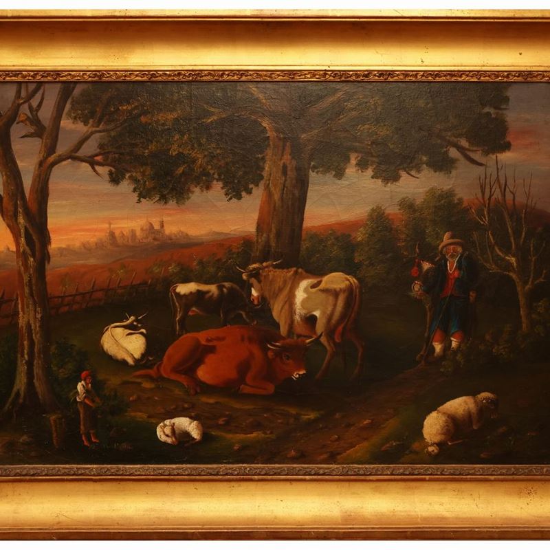 Scuola Toscana - Pastore con Armenti in un Bosco con Veduta di Firenze sullo Sfondo