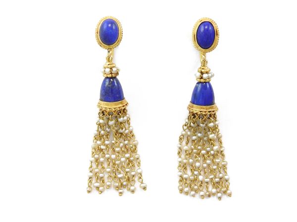 14K yellow gold pendant earrings with micro pearls and lapislazuli