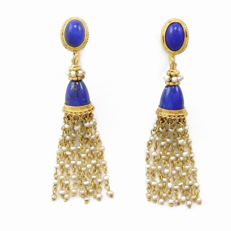Orecchini Pendenti in Oro Giallo 585/1000 con Microperle e Lapislazzuli