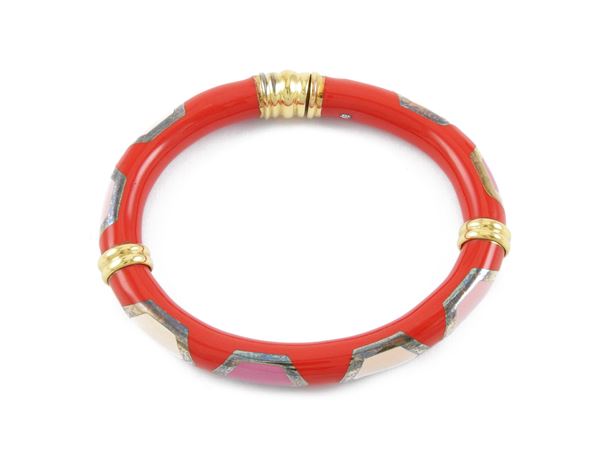 Fidia bracelet in yellow gold and silver with polychrome enamels