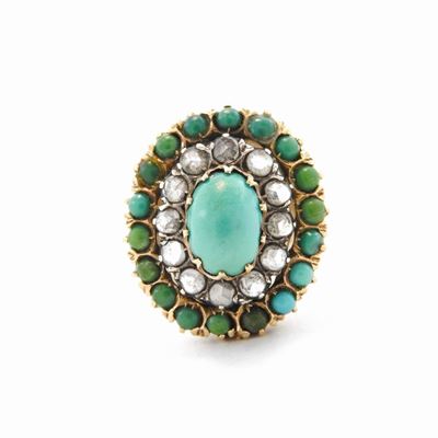 Anello in Oro Giallo e Argento con Diamanti e Turchesi
