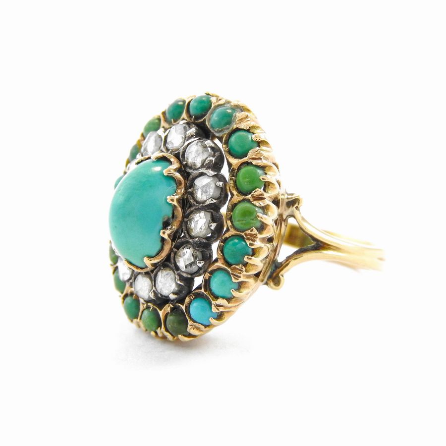 Anello in Oro Giallo e Argento con Diamanti e Turchesi