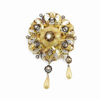 Parure Bracciale Rigido, Spilla e Orecchini in Oro Giallo e Argento con Diamanti e Smalti Neri