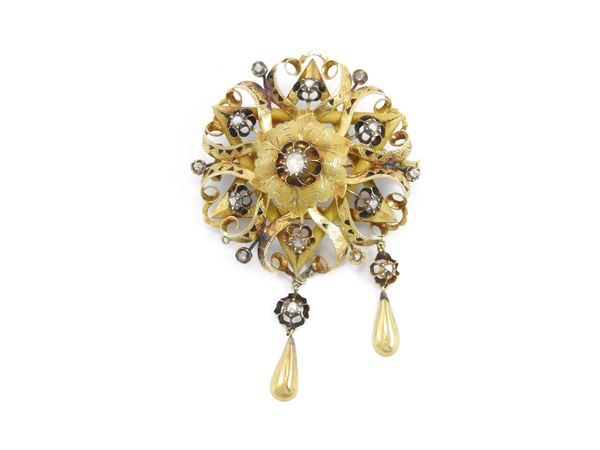 Yellow gold and silver parure, bangle, brooch and earrings with diamonds and black enamels