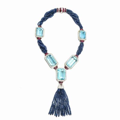 Collana Petochi in Oro Bianco con Diamanti, Rubini, Zaffiri e Acquamarine
