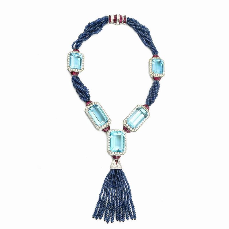 Collana Petochi in Oro Bianco con Diamanti, Rubini, Zaffiri e Acquamarine