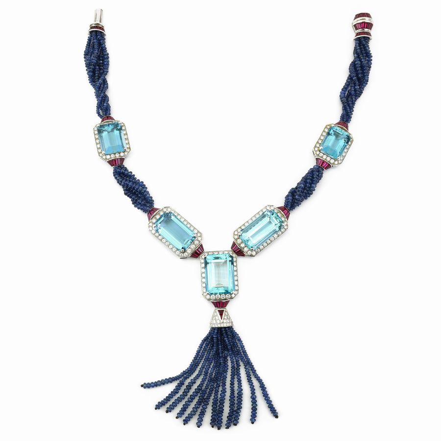Collana Petochi in Oro Bianco con Diamanti, Rubini, Zaffiri e Acquamarine