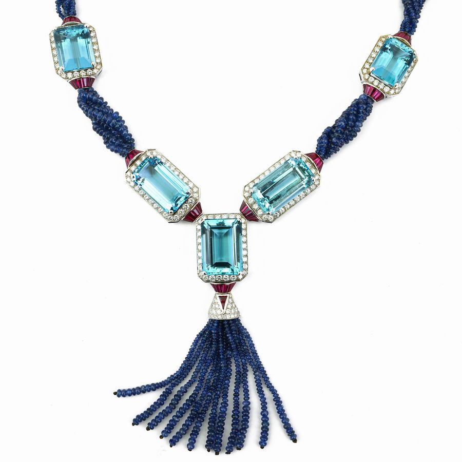 Collana Petochi in Oro Bianco con Diamanti, Rubini, Zaffiri e Acquamarine