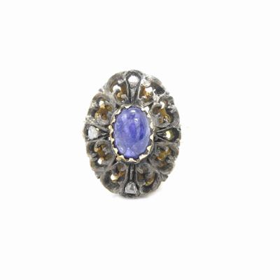 Anello in Oro Giallo e Argento con Diamanti e Zaffiro