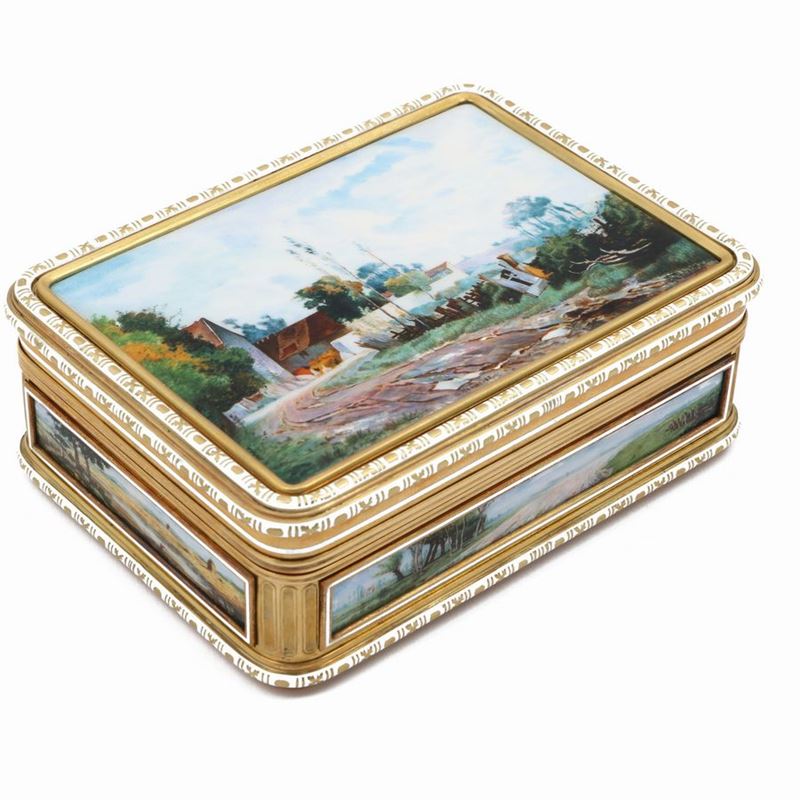 Tabacchiera in Oro Giallo e Argento con Smalti Miniature