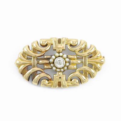 Spilla in Oro Giallo con Diamante e Perle