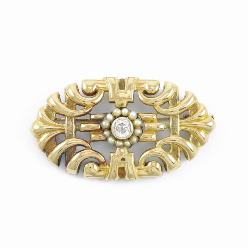 Spilla in Oro Giallo con Diamante e Perle