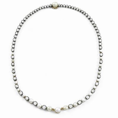 Girocollo in Oro Giallo e Argento con Diamanti e Perle