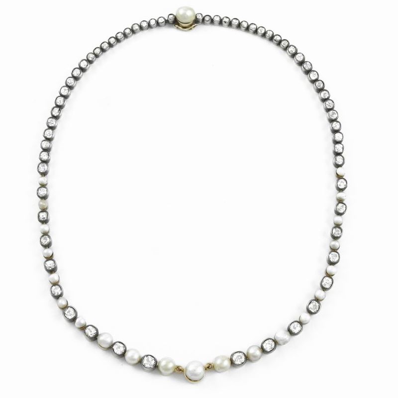 Girocollo in Oro Giallo e Argento con Diamanti e Perle