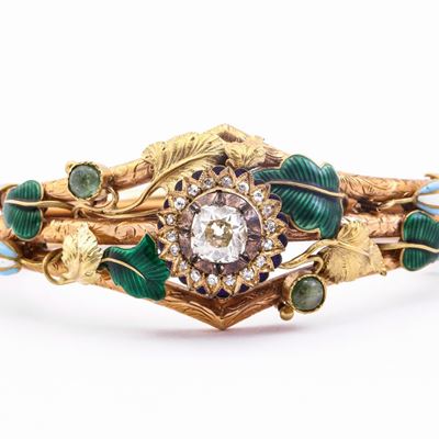 Bracciale Rigido in Oro Giallo con Diamanti, Smeraldi e Smalti Policromi