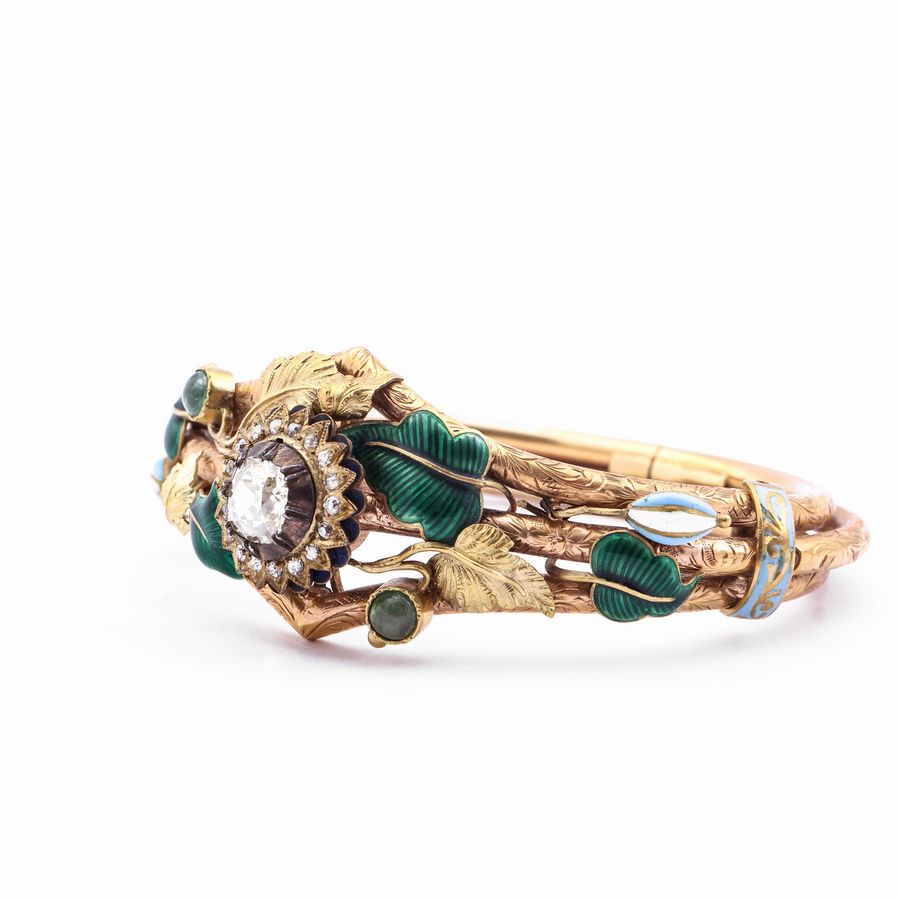 Bracciale Rigido in Oro Giallo con Diamanti, Smeraldi e Smalti Policromi