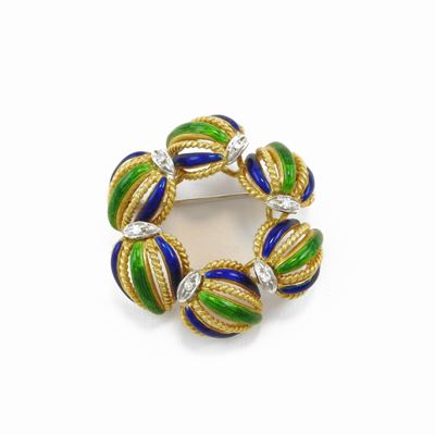 Spilla in Oro Bianco e Oro Giallo con Diamanti e Smalti Blu e Verdi
