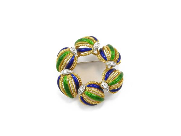 White and yellow gold brooch with diamonds and blue green enamels