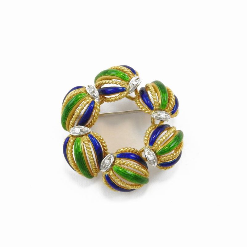 Spilla in Oro Bianco e Oro Giallo con Diamanti e Smalti Blu e Verdi
