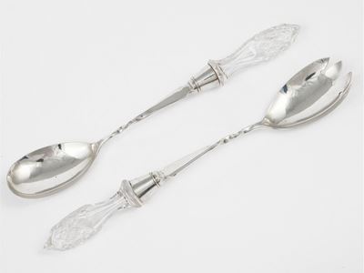 Coppia di Posate di Servizio in Argento e Cristallo