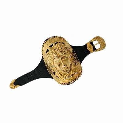 Gianni Versace Bracciale in Pelle Nera e Testa di Medusa
