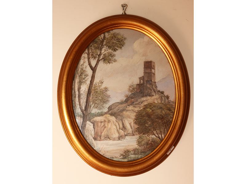 Paesagglio fluviale con veduta di torre 1946