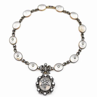 Collana con Pendente in Oro Giallo e Argento con Diamanti e Quarzi Ialini