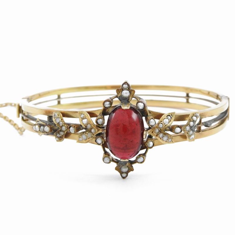 Bracciale Rigido in Oro a Basso Titolo con Granato e Microperle