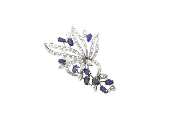 White gold demi parure brooch and earrings with diamonds and sapphires