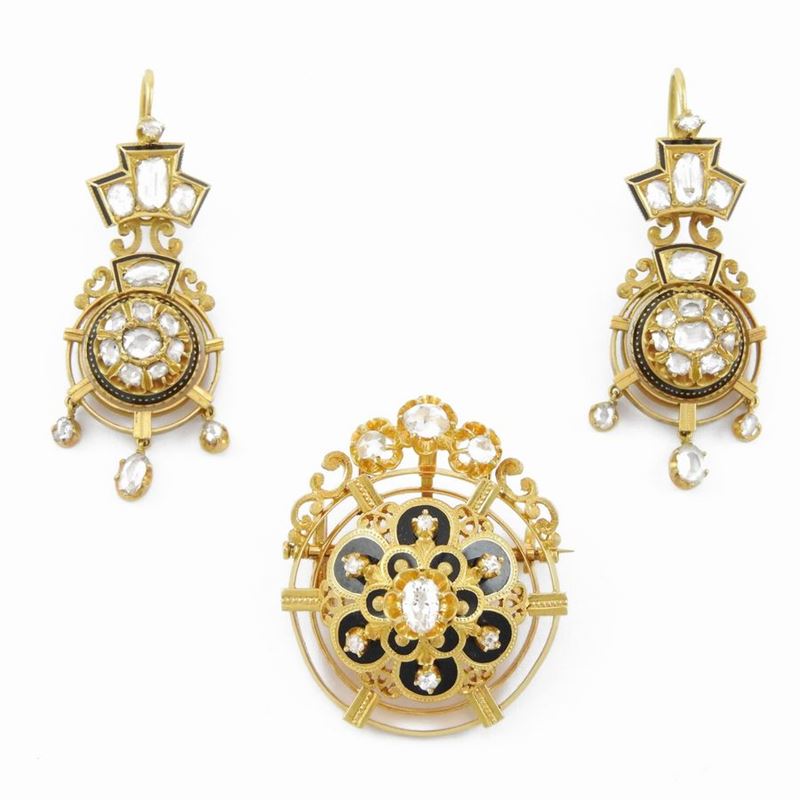 Demi Parure Spilla Pendente e Orecchini in Oro Giallo con Diamanti e Smalto Nero