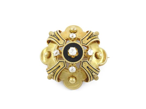 Yellow gold brooch with diamonds and black enamels