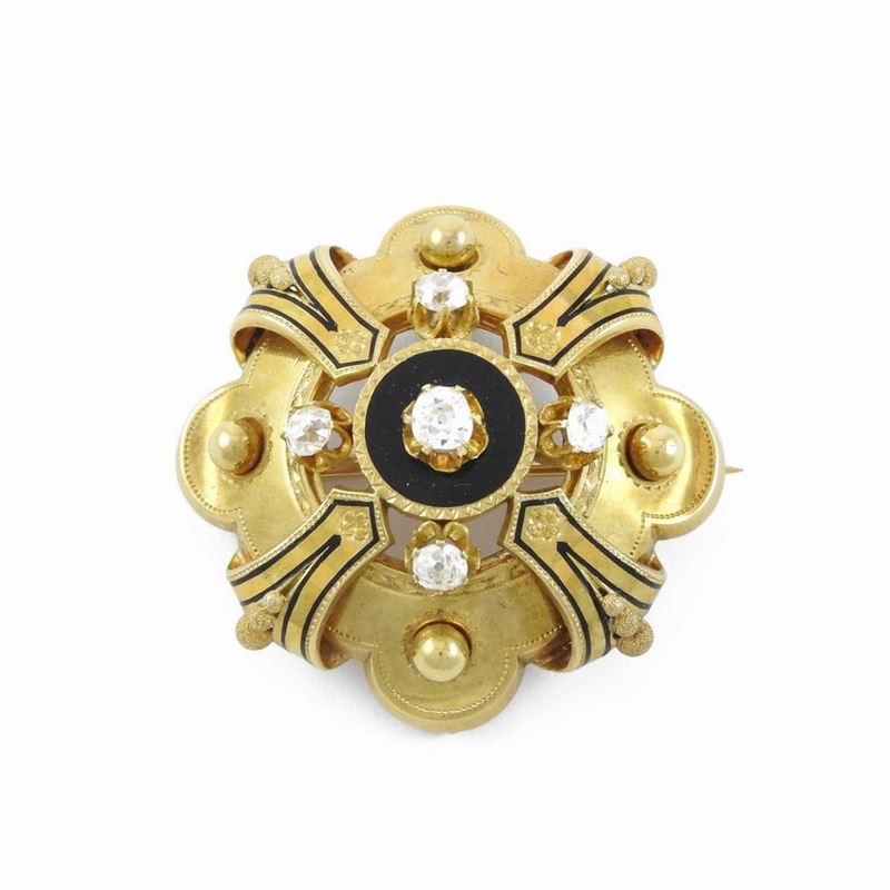 Spilla in Oro Giallo con Diamanti e Smalti Neri