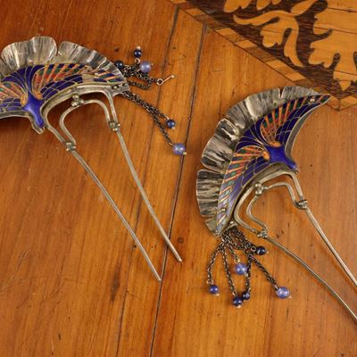 Coppia di Pettini per Acconciature in Argento e Smalti, Art Nouveau