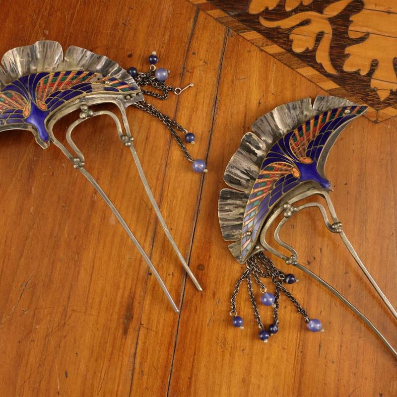 Coppia di Pettini per Acconciature in Argento e Smalti, Art Nouveau