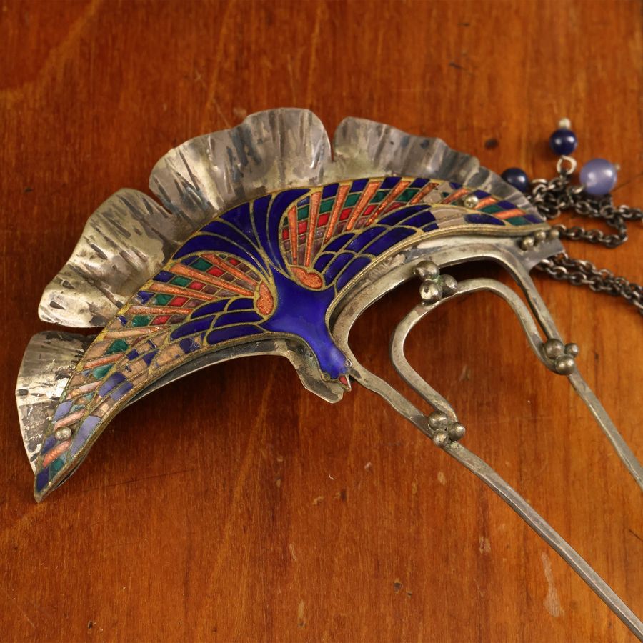Coppia di Pettini per Acconciature in Argento e Smalti, Art Nouveau
