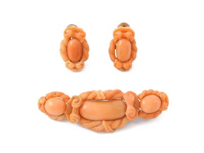 Demi Parure Spilla e Orecchini in Oro a Basso Titolo e Coralli Rosa Arancio Incisi