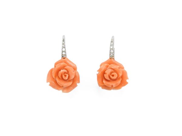 White gold pendant earrings with diamonds and engraved pink orange corals