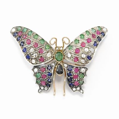 Spilla Animalier in Oro Rosa 585/1000 e Argento con Diamanti, Rubini, Zaffiri e Smeraldi