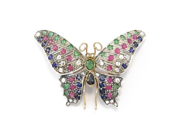 14Kt pink gold and silver animalier brooch with diamonds, rubies, sapphires and emeralds