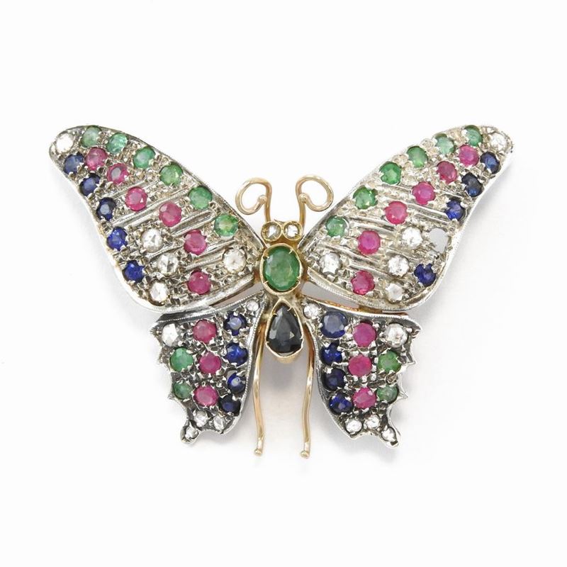 Spilla Animalier in Oro Rosa 585/1000 e Argento con Diamanti, Rubini, Zaffiri e Smeraldi