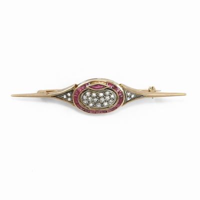 Spilla a Barretta in Oro Rosa 585/1000 con Diamanti e Rubini