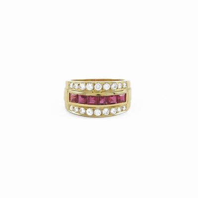 Anello a Fascia in Oro Giallo con Diamanti e Rubini