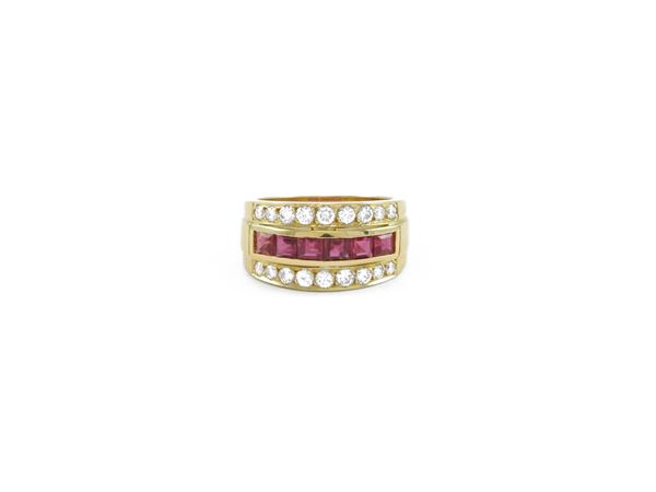 Yellow gold band ring with diamonds and rubies